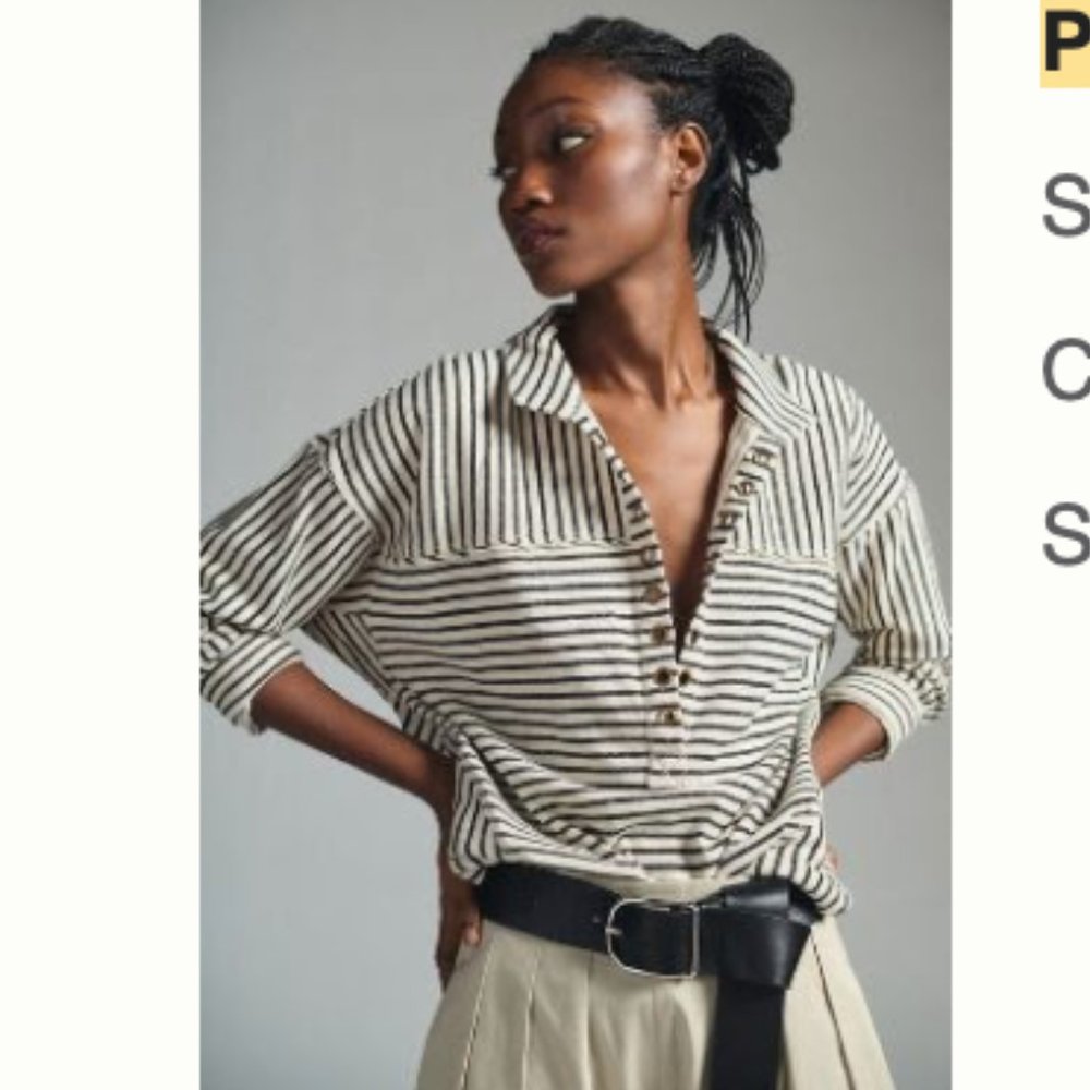Pilcro Spliced Henley Top / Sweater; Color: IVORY / BLACK STRIPE; Size Medium